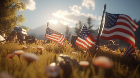American flag on a grave in the cemetery at sunset. 3d renderingの素材