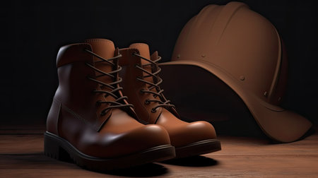 3d rendering of a pair of brown boots and a hardhatの素材