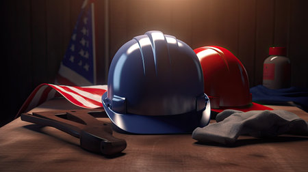 Hard hat and safety gloves with american flag on wooden background.の素材