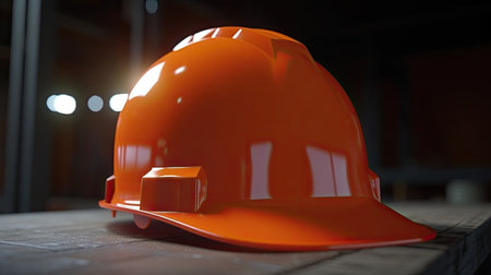 Orange hard hat on the table in the factory. 3d renderingの素材
