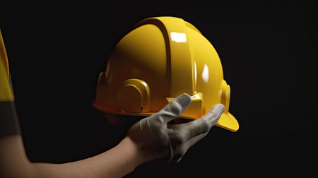 Hand in glove holding yellow hard hat on black background. Safety conceptの素材