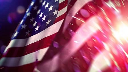 American flag background with rays of light and bokeh effect.の素材