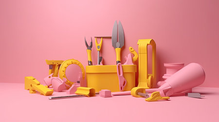 3d render of construction tools on the pink wall background. Construction concept.の素材