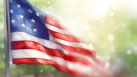 American flag on green background with bokeh effect. 3D illustration.の素材