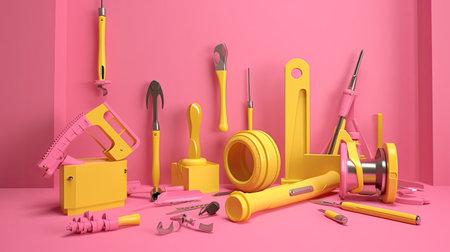 3d render of a set of construction tools in a pink roomの素材