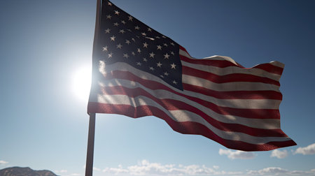 American flag waving in the blue sky. 3d rendering. United states of America.の素材
