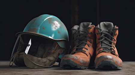 Helmet and boots on a wooden floor. 3D rendering.の素材