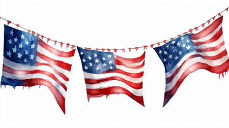 American flag garland isolated on white background. Watercolor illustration.の素材