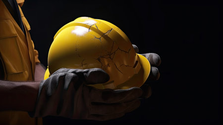 Close-up of a construction worker holding a yellow helmet over black backgroundの素材