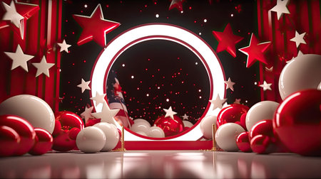 Red and white balloons on red background. 3D rendering. Space for text.の素材