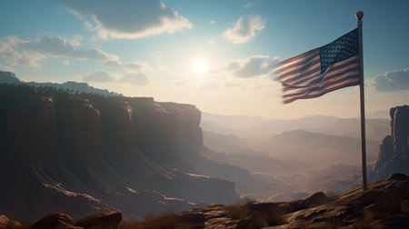 American flag waving in the wind over the mountains. 3d renderの素材