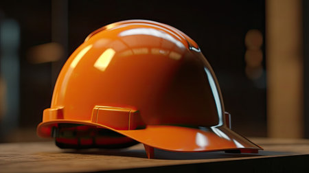 Orange hard hat on a wooden table in a dark room. 3d renderingの素材