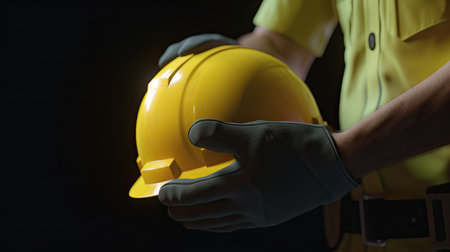 Close-up of construction worker hands holding yellow safety helmet on black backgroundの素材