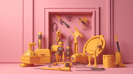 3d illustration of construction tools in pink room. Construction concept.の素材