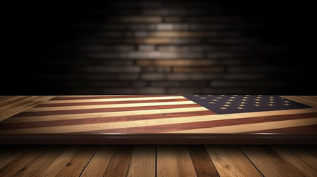 American flag on a wooden table against a brick wall. 3d renderの素材