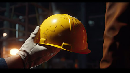 engineer hand holding yellow hard hat on construction site with copy spaceの素材