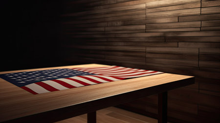 American flag on a wooden table. 3d rendering. Horizontal.の素材