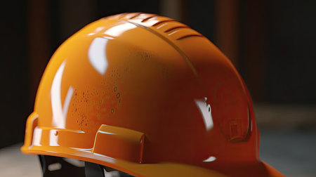 Orange hard hat on the construction site. 3d render illustration.の素材