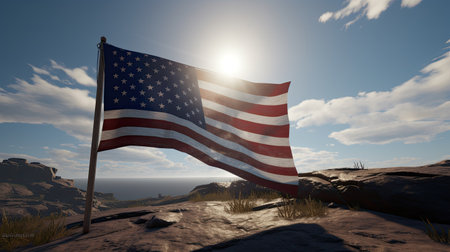 American flag waving in the wind on a rock landscape. 3d renderの素材