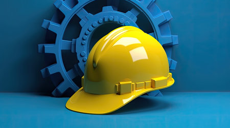 Yellow safety helmet and gear on blue background. 3D rendering.の素材