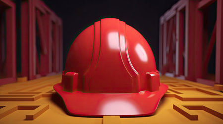 3d rendering of a red hard hat in the middle of a mazeの素材