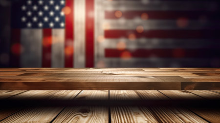 Wooden table against close-up of american flag in backgroundの素材