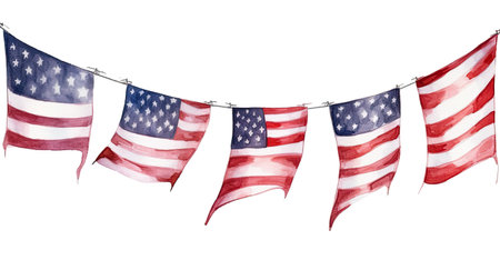American flag garland isolated on white background. Watercolor illustration.の素材