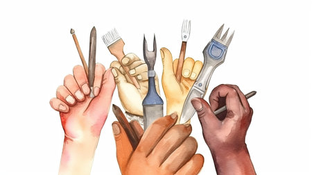 Hands with craft tools on white background. Hand drawn illustration.の素材