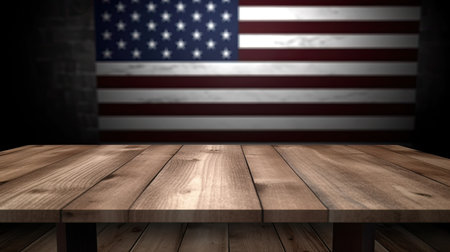 Empty wooden table against composite image of american flag with vignetteの素材