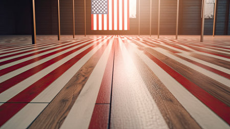 American flag on a wooden floor. 3d rendering mock up toned imageの素材