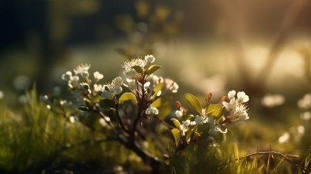 Flowering branch of cherry in the rays of the setting sunの素材