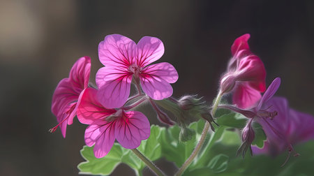 Pink geranium flowers on a dark background. Close-up.の素材