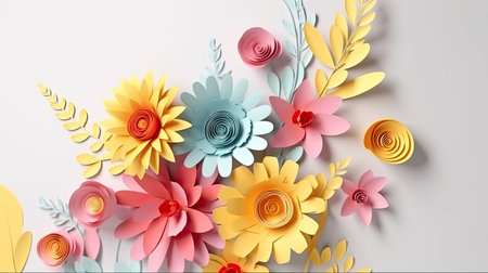Paper flowers on white background. 3d rendering, 3d illustration.の素材