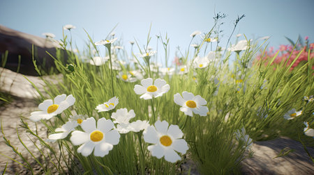 Chamomile flowers in the meadow with blue sky backgroundの素材