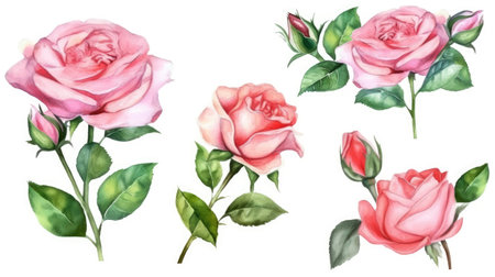 Set of watercolor roses with green leaves. Hand-drawn illustrationの素材