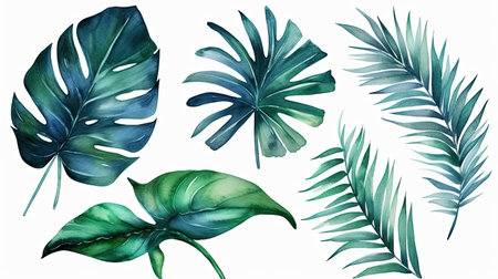 Watercolor set of tropical leaves. Hand drawn illustration isolated on white backgroundの素材