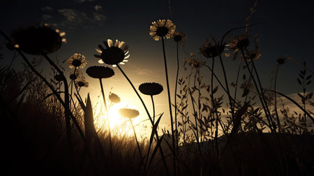 Dandelion flower in the meadow at sunset. 3d renderの素材