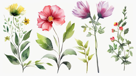 Watercolor flowers set. Hand painted illustration. Isolated on white background.の素材
