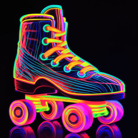 Roller skate on a black background. Neon light. 3d illustration. Blacklight Paintingの素材