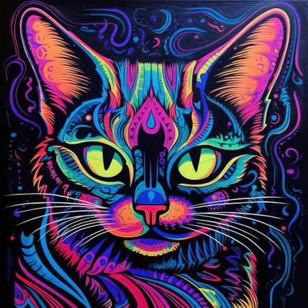 Colorful cat face on dark background. Vector illustration for your design Blacklight Paintingの素材