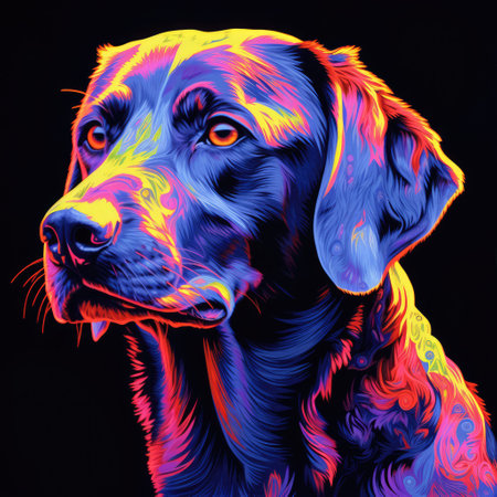 Portrait of Retriever dog. Colorful drawing on black background. Blacklight Paintingの素材