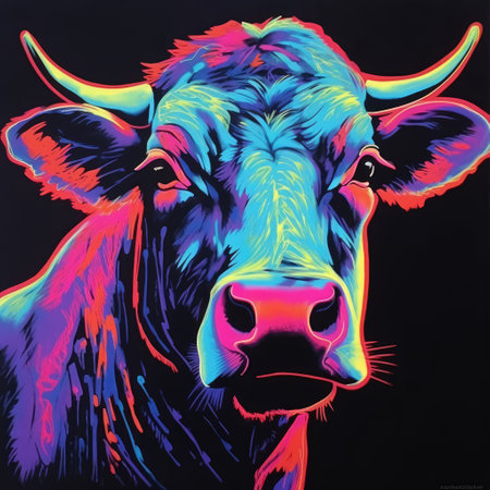 Cattle head. Vector illustration of a cow head on a black background. Blacklight Paintingの素材