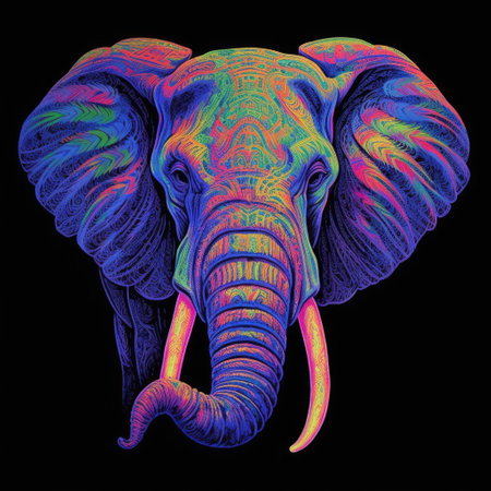 Elephant head with colorful pattern on black background. Vector illustration. Blacklight Paintingの素材