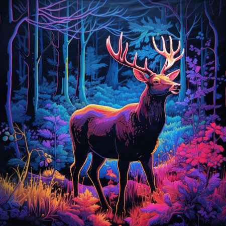 Deer in the forest at night. Colorful vector illustration. Blacklight Paintingの素材