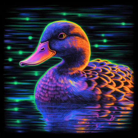 Duck on a background of the night sky. Illustration. Blacklight Paintingの素材