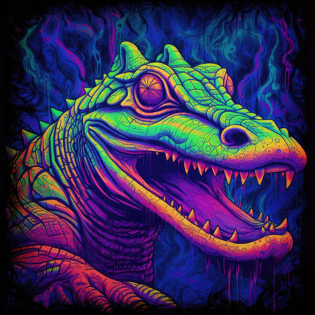 Grunge illustration of a dragon head on a colorful background. Blacklight Paintingの素材