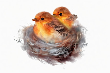 Two chicks in a nest on a white background. Digital painting.の素材