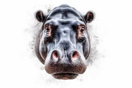 Hippopotamus head with black ink splashes on white backgroundの素材