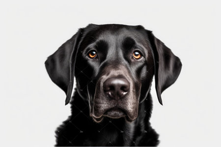 Close-up of a black Labrador Retriever looking up in front of a white backgroundの素材