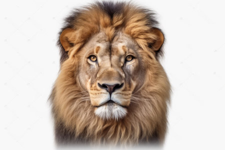 Portrait of a lion in front of a white background with space for textの素材
